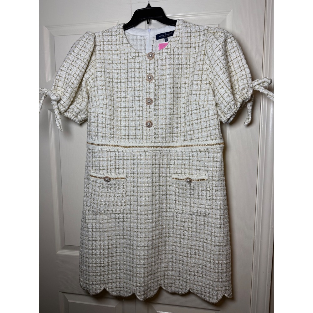 Simply‎ Southern Ivory Tweed Gold Metallic Scallop Hem Dress Pearl Buttons XXL